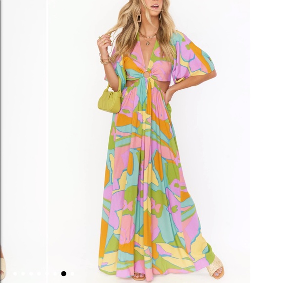 Show me your MuMu open front maxi dress M gorgeous print batwing sleeve unique - Picture 2 of 14